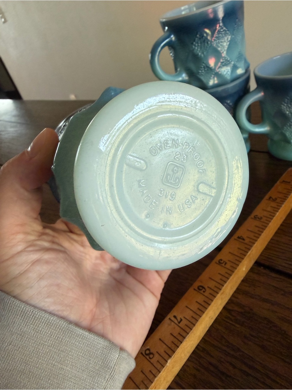 Vintage 1960s-70s Anchor Hocking Fire King Blue Kimberly Diamond Mugs Set of 4 - Picture 9 of 9